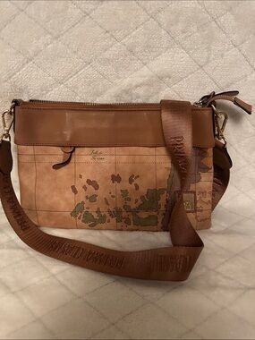 Brown Map-Print Crossbody Bag with Wide Strap